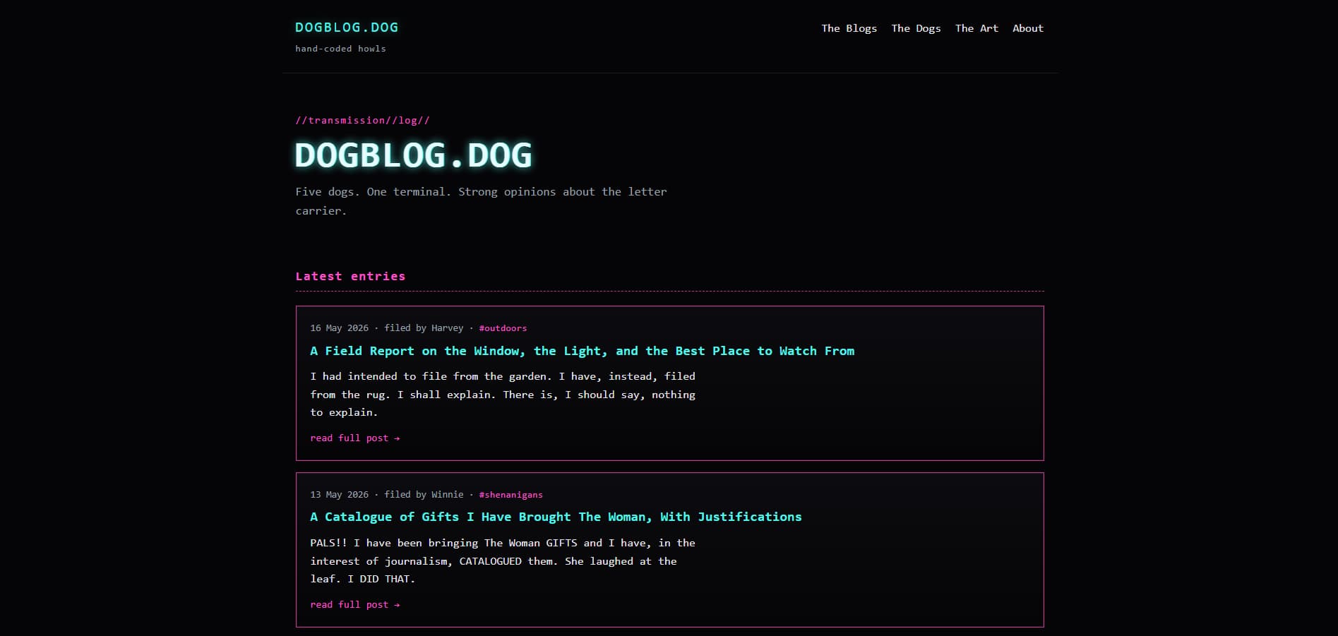 Screenshot of dogblog.dog, a terminal-style blog written from the perspective of five dogs.