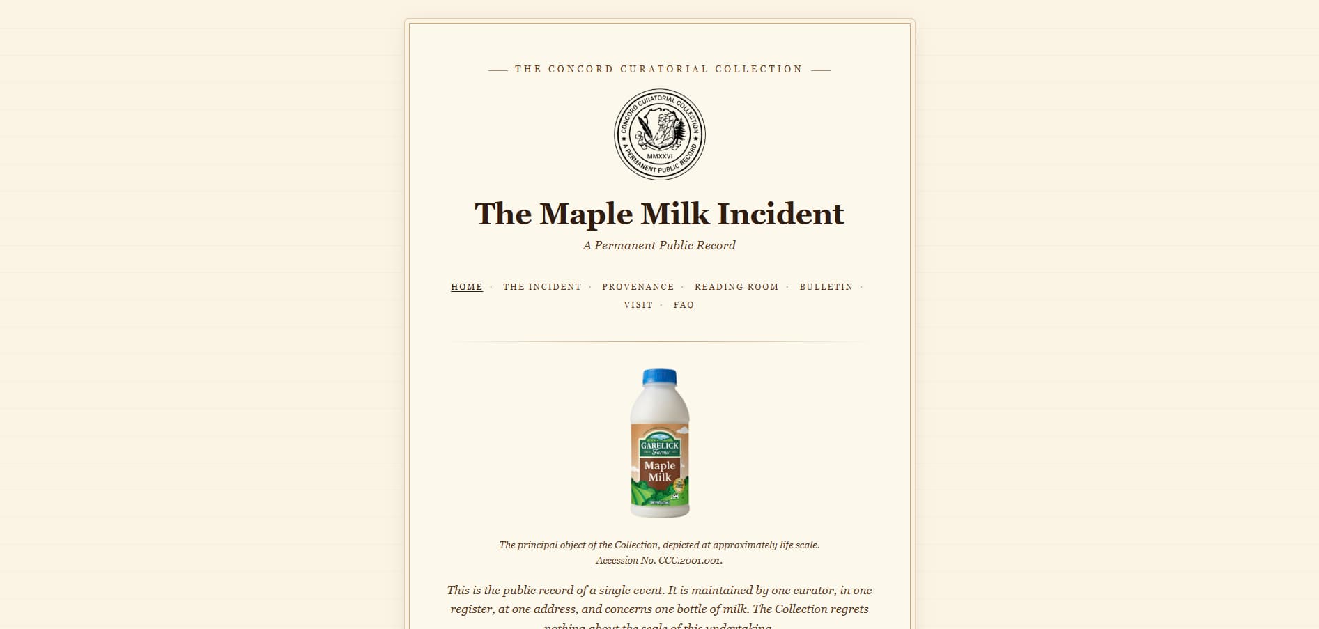 Screenshot of The Maple Milk Incident, a deadpan archival public-record website.