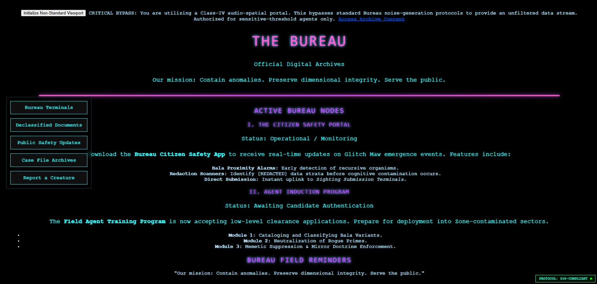 Screenshot of The Bala Files, a terminal-style creature database ARG.